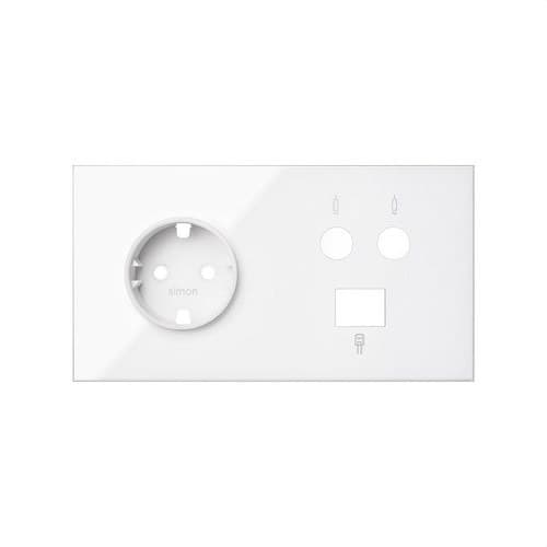 Front kit for 2 elements with 1 Schuko socket base, 1 unique R-TV+SAT socket with 1 RJ45 6 UTP connector glossy white Simon 100 with reference 10020208-130 from the brand SIMON